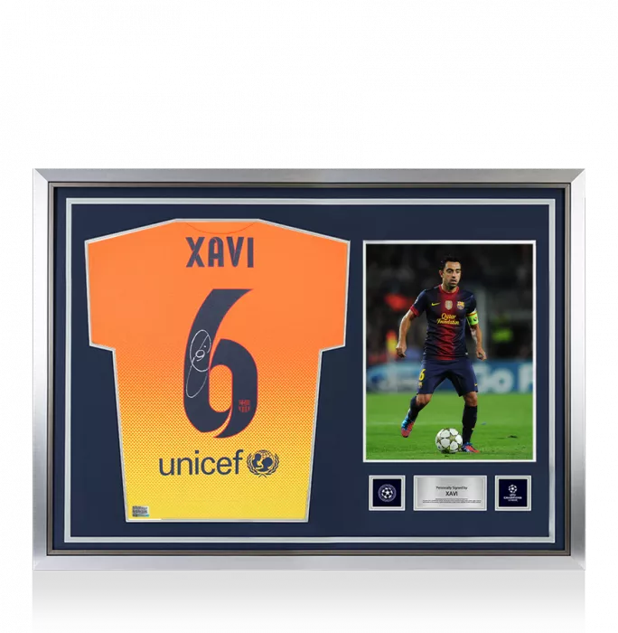icons Xavi Official UEFA Champions League Back Signed and Hero Framed FC Barcelona 2012-13 Away Shirt