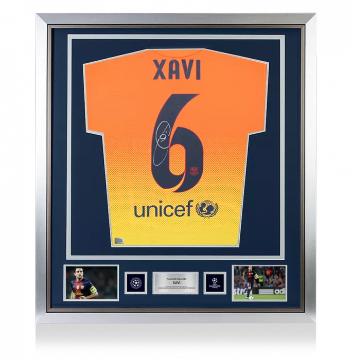 icons Xavi Official UEFA Champions League Back Signed and Framed FC Barcelona 2012-13 Away Shirt