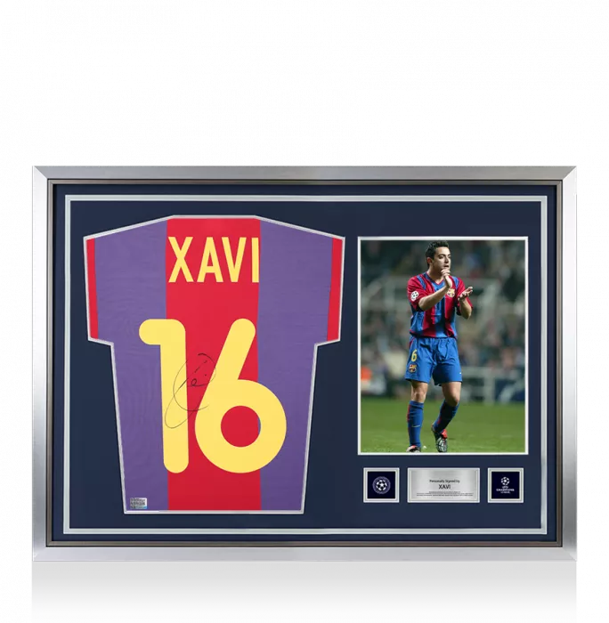 icons Xavi Official UEFA Champions League Back Signed and Hero Framed FC Barcelona 2000-01 Home Shirt