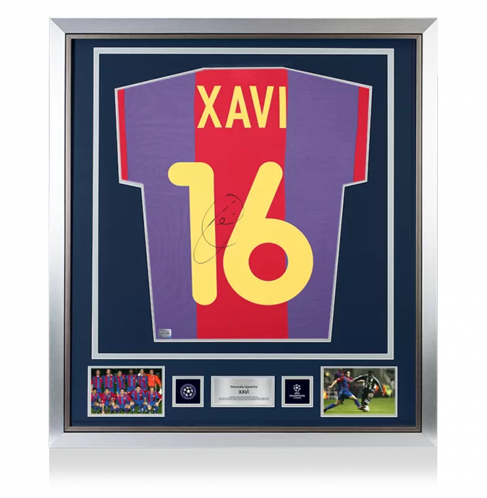 icons Xavi Official UEFA Champions League Back Signed and Framed FC Barcelona 2000-01 Home Shirt