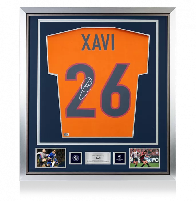 icons Xavi Official UEFA Champions League Back Signed and Framed FC Barcelona 1998-00 Third Shirt