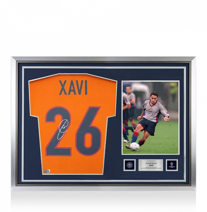 icons Xavi Official UEFA Champions League Back Signed and Hero Framed FC Barcelona 1998-00 Third Shirt