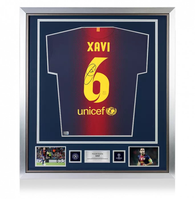 icons Xavi Official UEFA Champions League Back Signed and Framed FC Barcelona 2012-13 Home Shirt