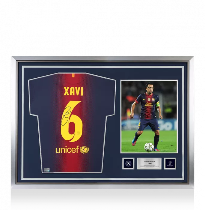 icons Xavi Official UEFA Champions League Back Signed and Hero Framed FC Barcelona 2012-13 Home Shirt