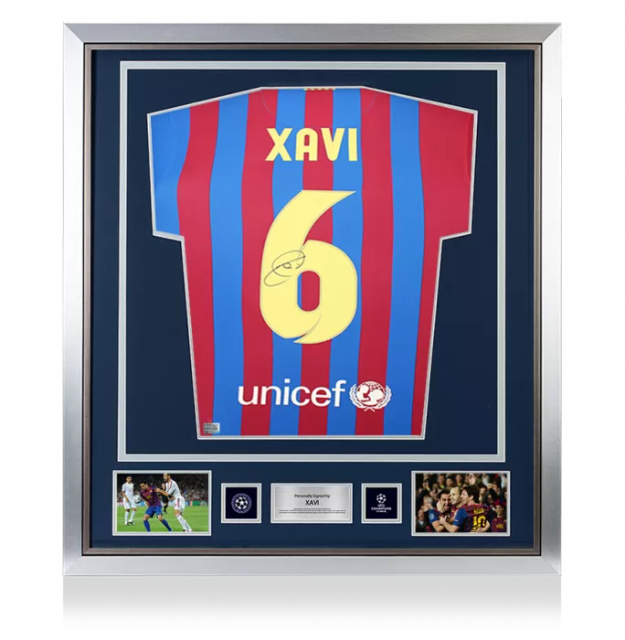 icons Xavi Official UEFA Champions League Back Signed and Framed FC Barcelona 2021-22 Home Shirt with Fan Style Number