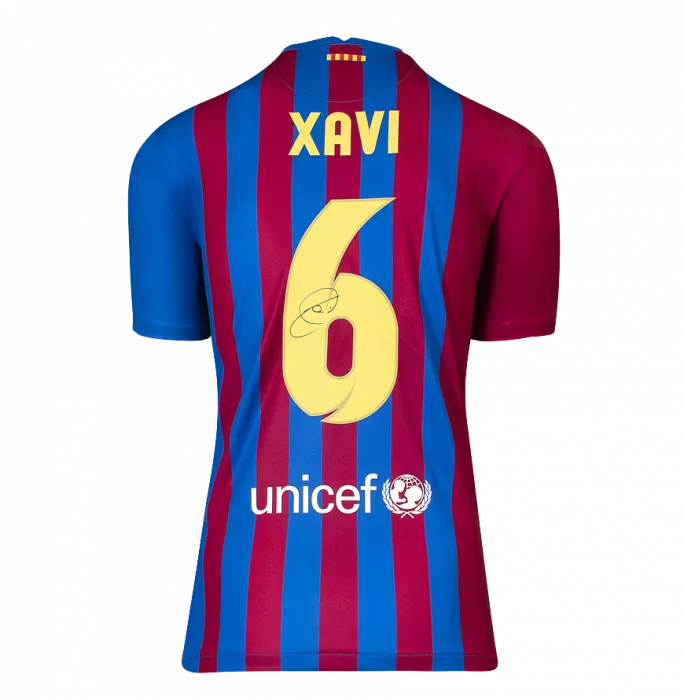 Icons Xavi Official UEFA Champions League Back Signed And Hero Framed FC Barcelona 2021-22 Home Shirt With Fan Style Number