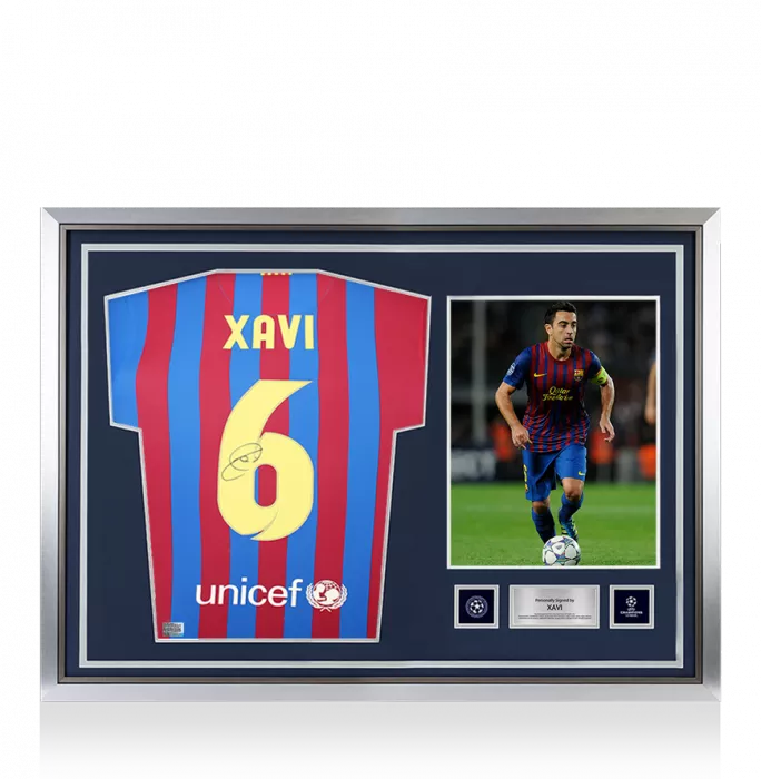 icons Xavi Official UEFA Champions League Back Signed and Hero Framed FC Barcelona 2021-22 Home Shirt with Fan Style Number