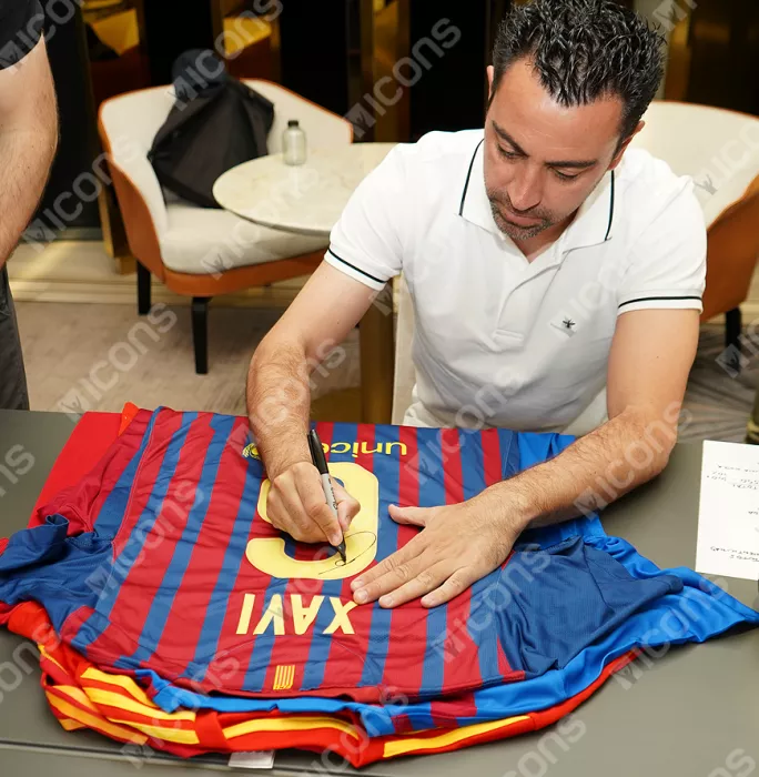 Icons Xavi Official UEFA Champions League Back Signed And Hero Framed FC Barcelona 2011-12 Home Shirt With Fan Style Number