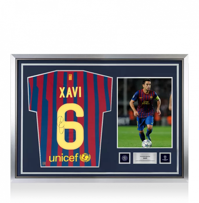 icons Xavi Official UEFA Champions League Back Signed and Hero Framed FC Barcelona 2011-12 Home Shirt With Fan Style Number