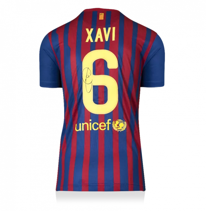 Icons Xavi Official UEFA Champions League Back Signed And Framed FC Barcelona 2011-12 Home Shirt With Fan Style Number