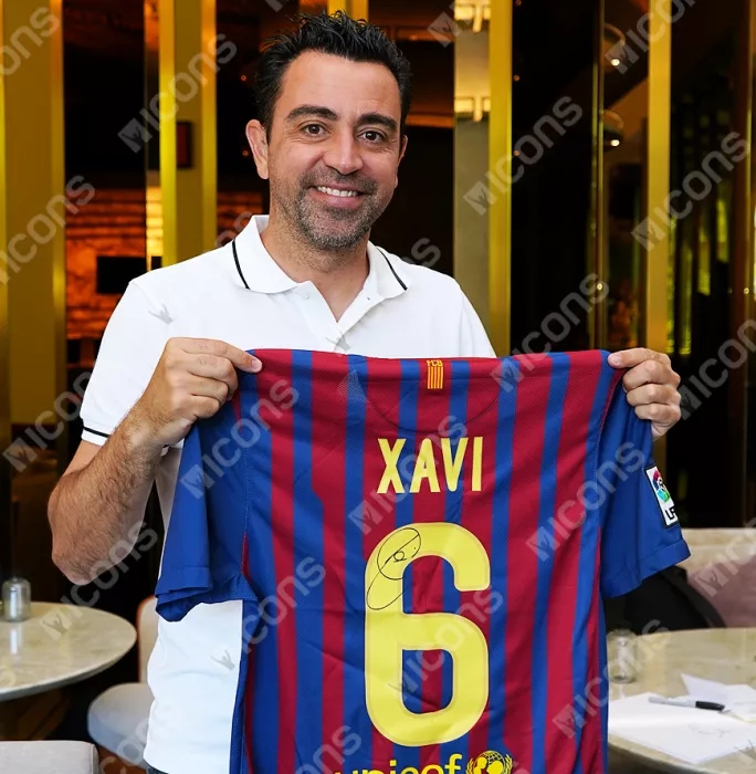 Icons Xavi Official UEFA Champions League Back Signed And Framed FC Barcelona 2011-12 Home Shirt With Fan Style Number