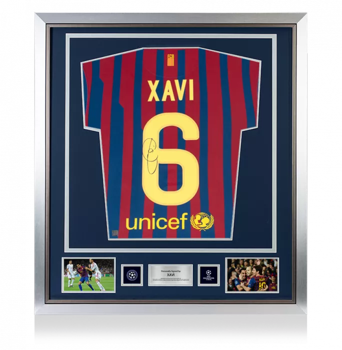 icons Xavi Official UEFA Champions League Back Signed and Framed FC Barcelona 2011-12 Home Shirt With Fan Style Number