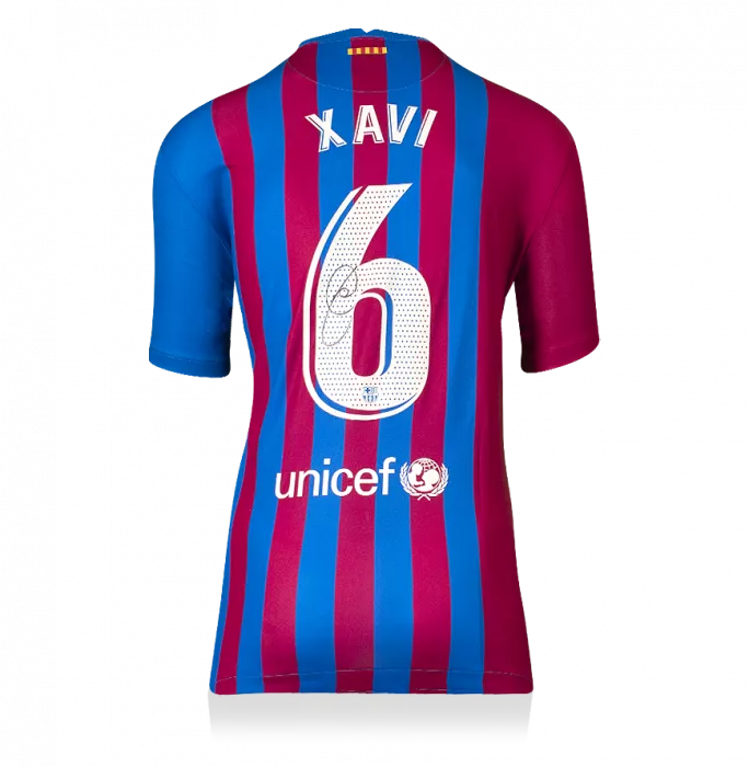 Icons Xavi Official UEFA Champions League Back Signed And Framed FC Barcelona 2021-22 Home Shirt