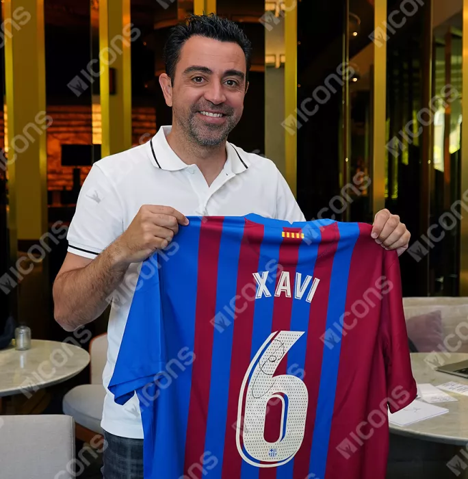 Icons Xavi Official UEFA Champions League Back Signed And Framed FC Barcelona 2021-22 Home Shirt