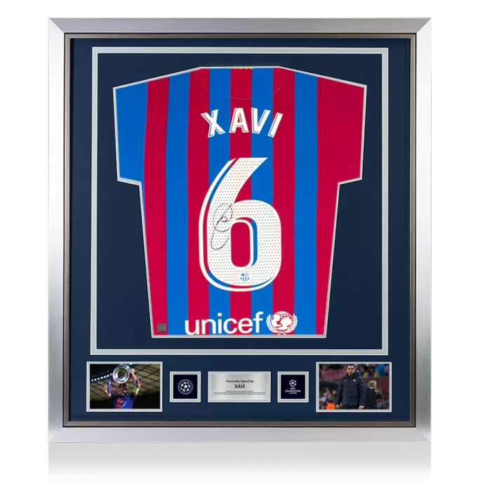icons Xavi Official UEFA Champions League Back Signed and Framed FC Barcelona 2021-22 Home Shirt