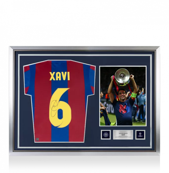 icons Xavi Official UEFA Champions League Back Signed and Hero Framed Retro FC Barcelona Home Shirt With Fan Style Number