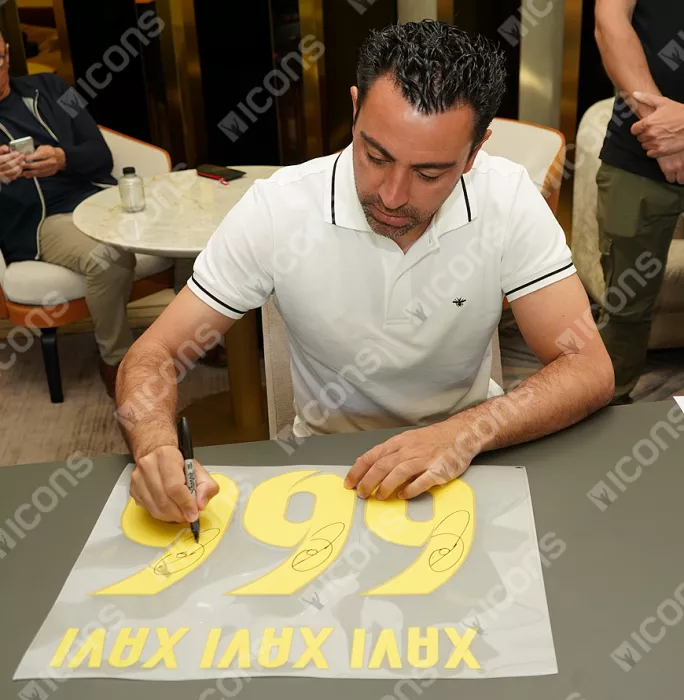 Icons Xavi Official UEFA Champions League Back Signed And Framed Retro FC Barcelona Home Shirt With Fan Style Number
