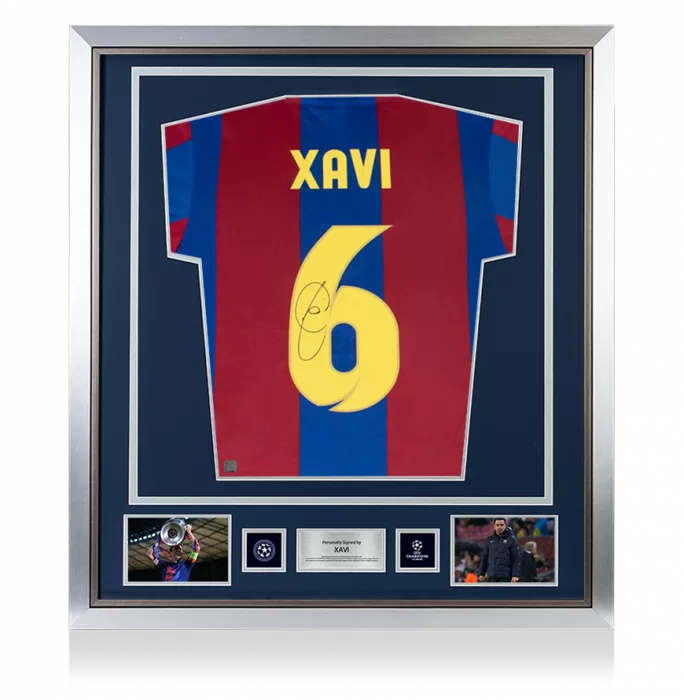 icons Xavi Official UEFA Champions League Back Signed and Framed Retro FC Barcelona Home Shirt With Fan Style Number