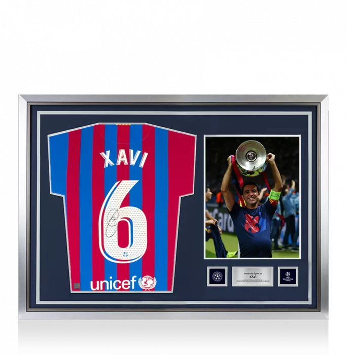 icons Xavi Official UEFA Champions League Back Signed and Hero Framed FC Barcelona 2021-22 Home Shirt
