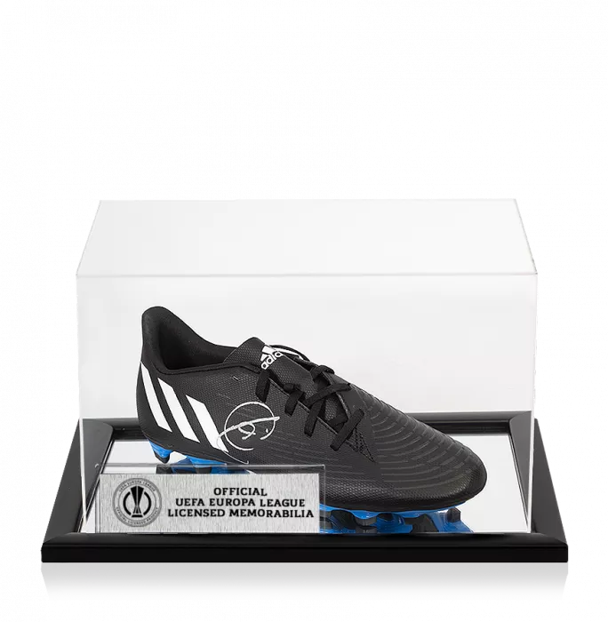 icons Xavi Official UEFA Europa League Signed Black & White Adidas Predator Boot In Acrylic Case