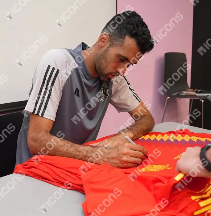 Icons Xavi & Sergio Busquets Official FIFA World Cup™ Front Signed And Framed Spain 2018 Home Shirt