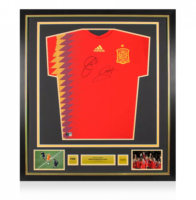 icons Xavi & Sergio Busquets Official FIFA World Cup™ Front Signed and Framed Spain 2018 Home Shirt