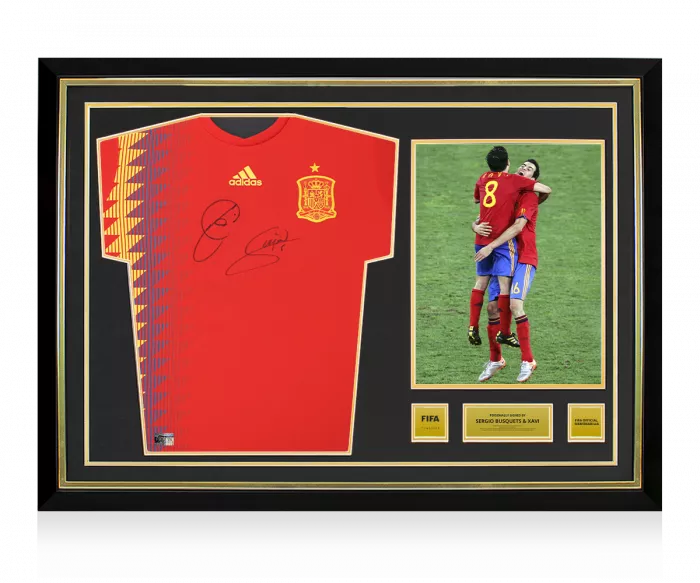 icons Xavi & Sergio Busquets Official FIFA World Cup™ Front Signed and Hero Framed Spain 2018 Home Shirt