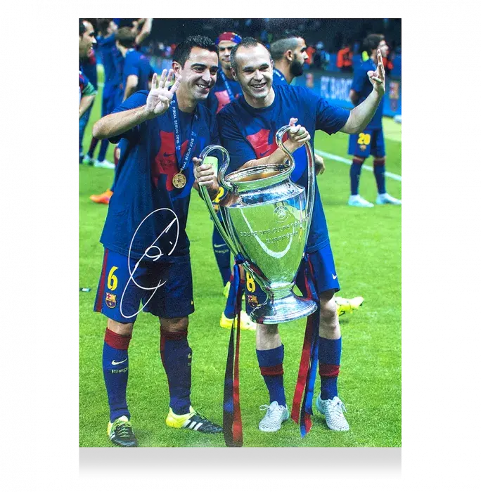 Icons Xavi Signed FC Barcelona Photo In Black Wooden Frame: Four-Time UEFA Champions League Winner