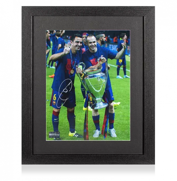 icons Xavi Signed FC Barcelona Photo In Black Wooden Frame: Four-Time UEFA Champions League Winner