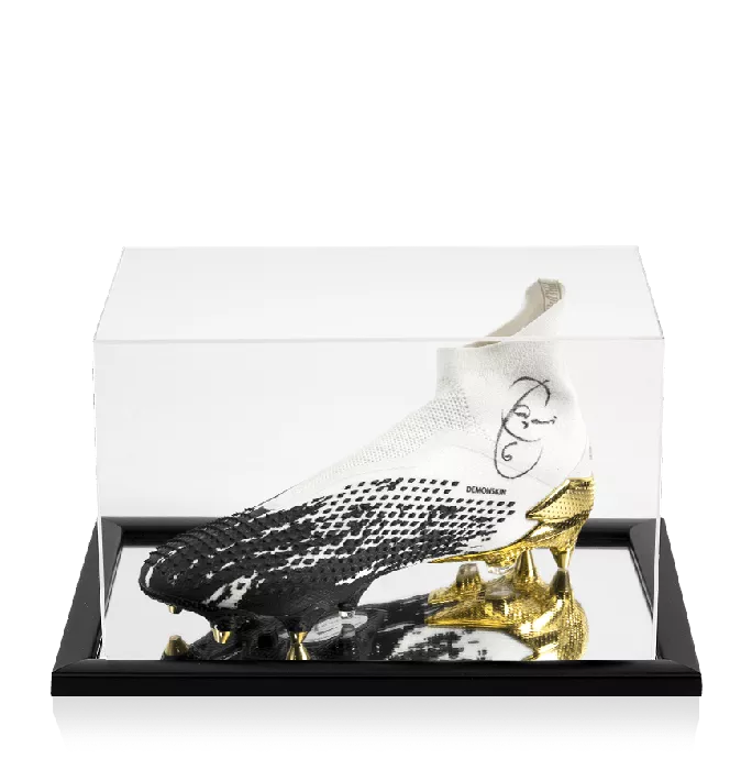 icons Xavi Signed High Spec White Black & Gold Adidas Predator Demonskin Boot In Acrylic Case