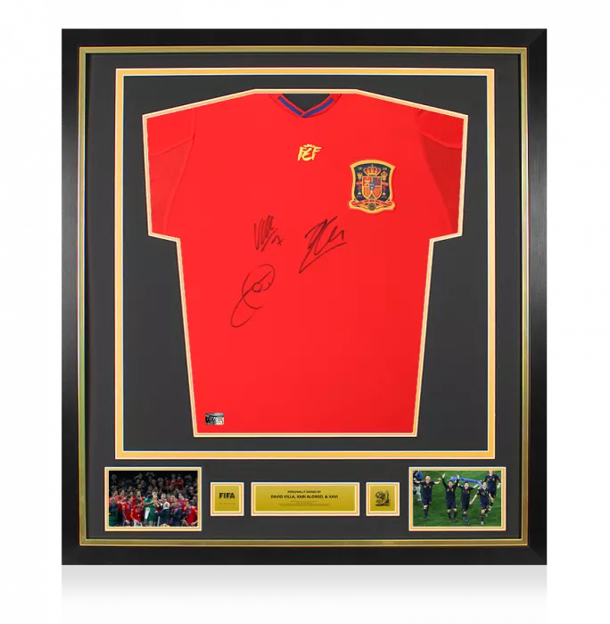 icons Xavi Xabi Alonso & David Villa Official 2010 FIFA World Cup™ Triple Signed and Framed Spain 2010 Home Shirt