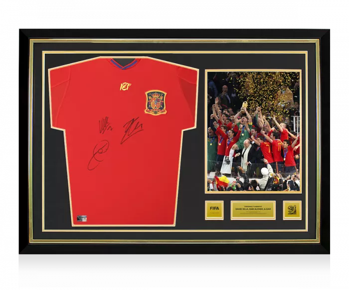 icons Xavi Xabi Alonso & David Villa Official 2010 FIFA World Cup™ Triple Signed and Hero Framed Spain 2010 Home Shirt