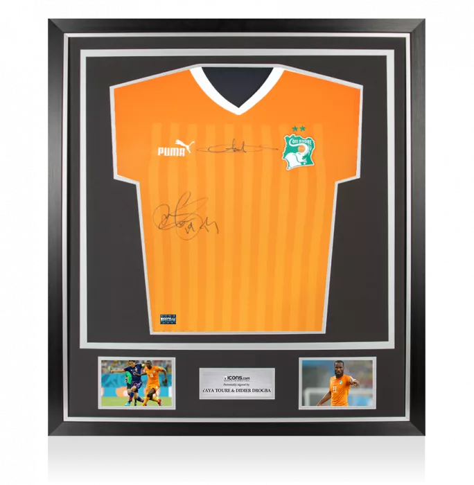 icons Yaya Toure & Didier Drogba Dual Signed Ivory Coast 2022-23 Home Shirt In Classic Frame