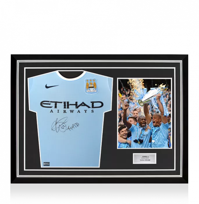 icons Yaya Toure Front Signed Manchester City 2013-14 Home Shirt In Hero Frame: Option 1