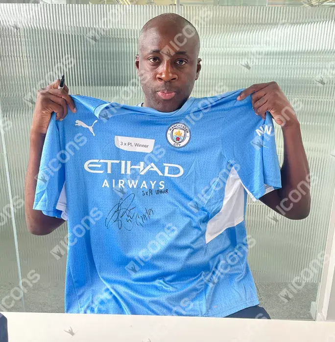 Icons Yaya Toure Front Signed Manchester City 2021-22 Home Shirt - 3x PL Winner Inscription In Classic Frame