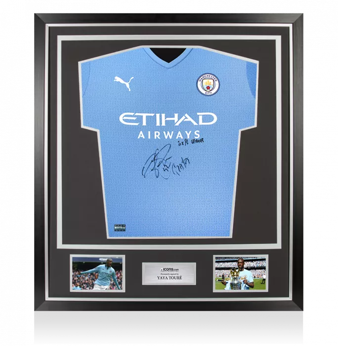 icons Yaya Toure Front Signed Manchester City 2021-22 Home Shirt - 3x PL Winner Inscription In Classic Frame