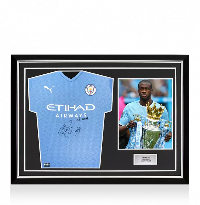 icons Yaya Toure Front Signed Manchester City 2021-22 Home Shirt - 3x PL Winner Inscription In Hero Frame: Option 1