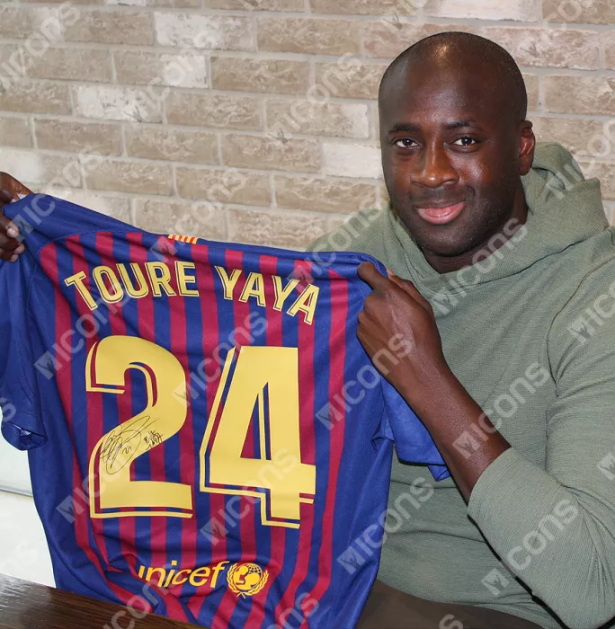 Icons Yaya Toure Official FC Barcelona Back Signed And Framed 2018-19 Home Shirt With Fan Style Number