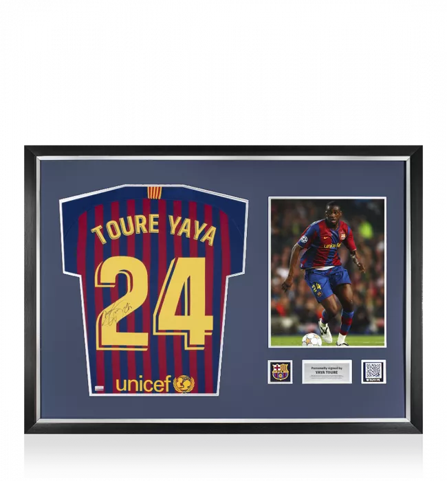 icons Yaya Toure Official FC Barcelona Back Signed and Framed 2018-19 Home Shirt With Fan Style Number