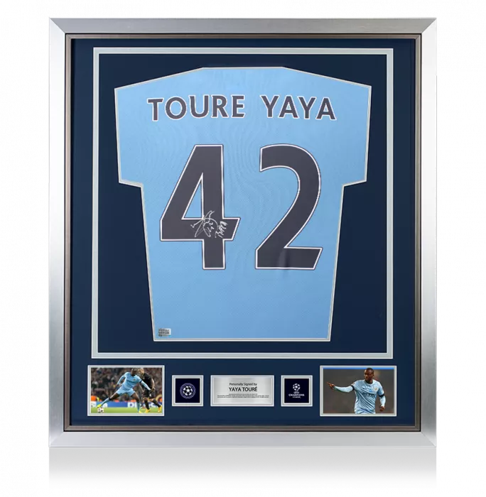 icons Yaya Toure Official UEFA Champions League Back Signed and Framed Manchester City 2021-22 Home Shirt