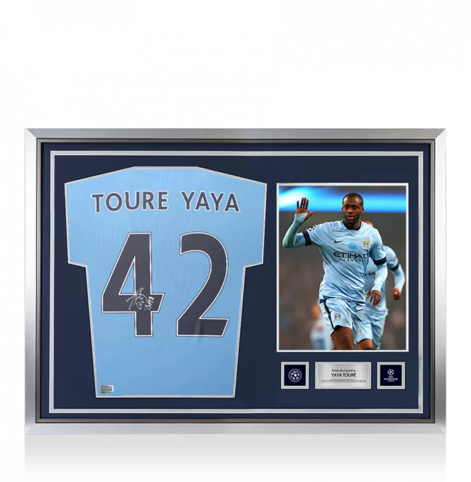 icons Yaya Toure Official UEFA Champions League Back Signed and Hero Framed Manchester City 2021-22 Home Shirt