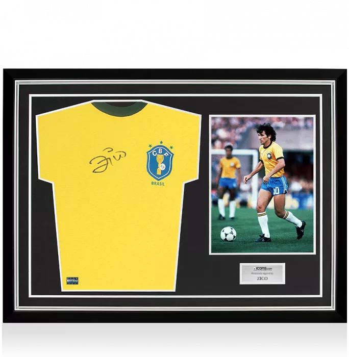 icons Zico Front Signed Brazil 1982 Home Shirt In Hero Frame: Option 1
