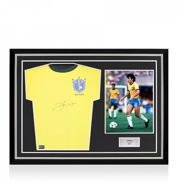 icons Zico Front Signed Brazil Retro Home Shirt In Hero Frame: Option 1