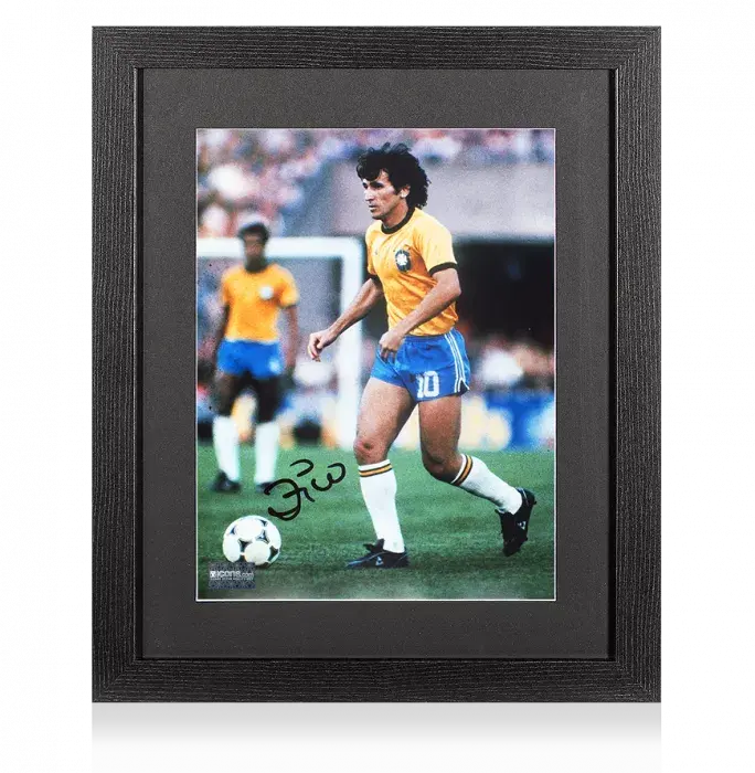 icons Zico Signed Brazil Photo In Black Wooden Frame: 1982 FIFA World Cup