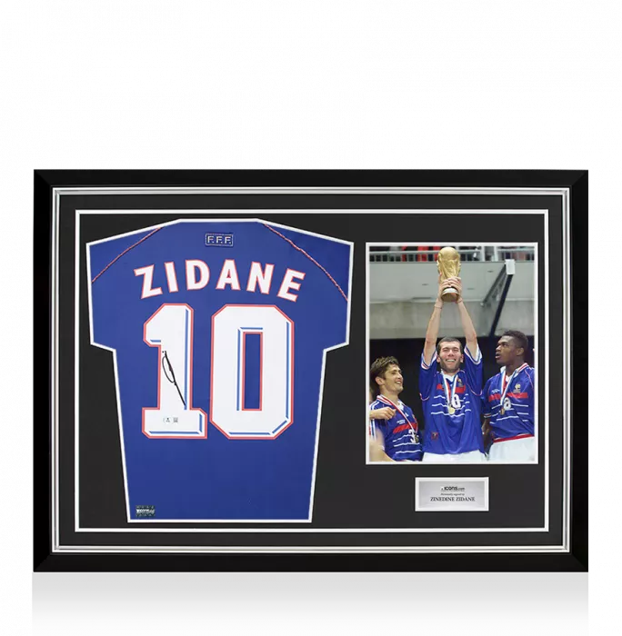 icons Zinedine Zidane Back Signed France 1998 Home Shirt In Hero Frame: Option 1