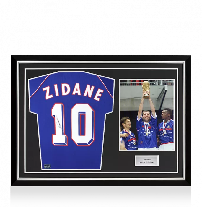 icons Zinedine Zidane Back Signed France 1998 Home Shirt In Hero Frame: Option 1