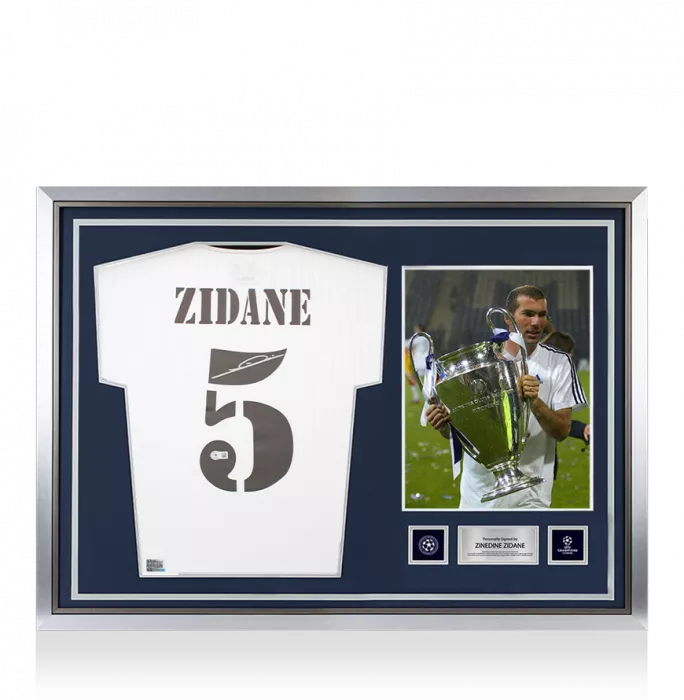 icons Zinedine Zidane Official UEFA Champions League Back Signed and Hero Framed Real Madrid Icon Shirt