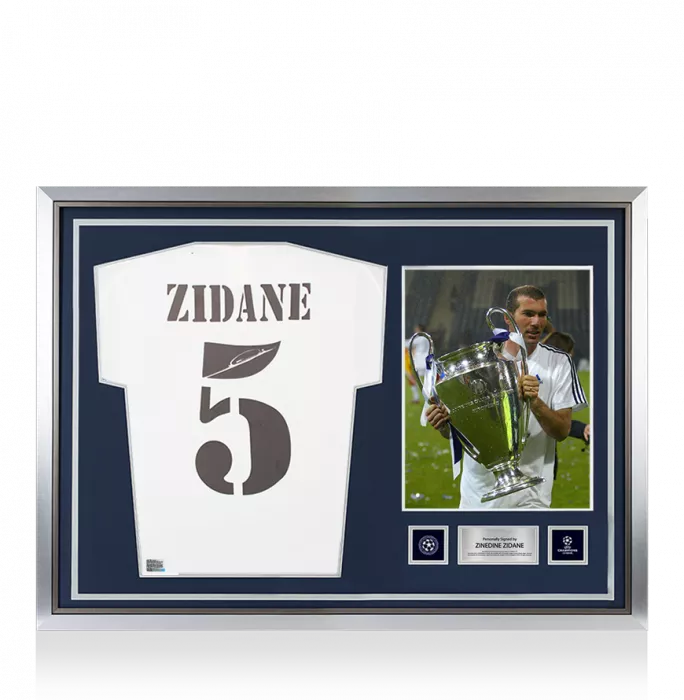 Icons Zinedine Zidane Official UEFA Champions League Back Signed And Hero Framed Real Madrid 2001 Home Shirt