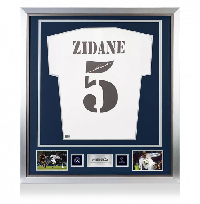 Icons Zinedine Zidane Official UEFA Champions League Back Signed And Framed Real Madrid 2001 Home Shirt