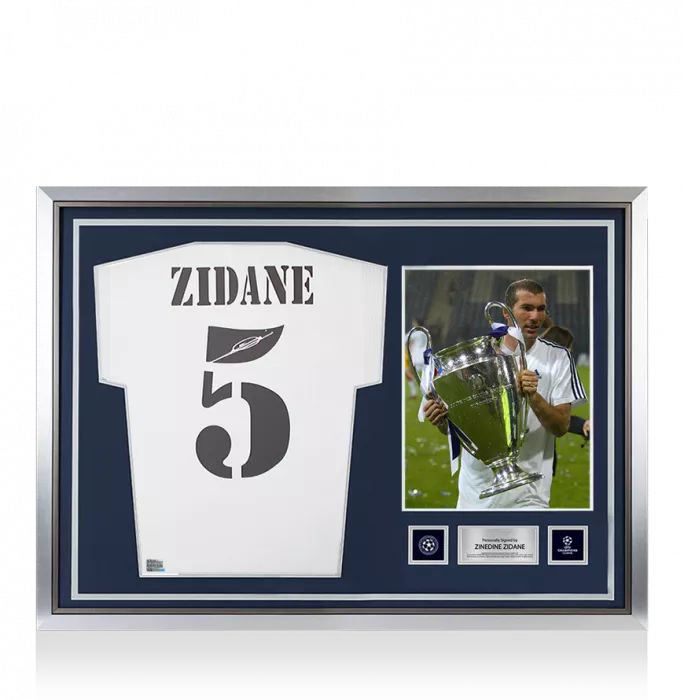 icons Zinedine Zidane Official UEFA Champions League Back Signed and Hero Framed Real Madrid 2002 Home Shirt